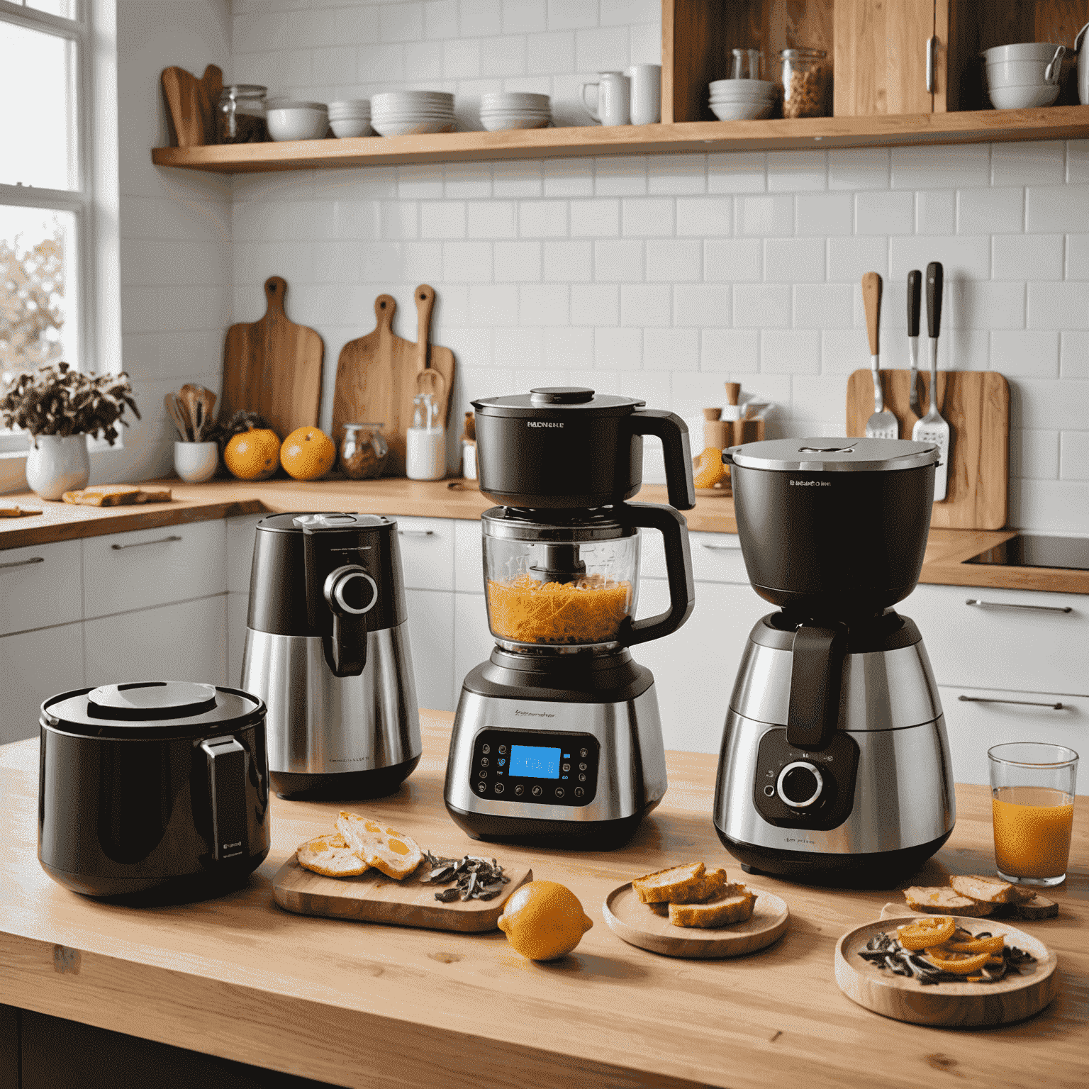 Various modern kitchen gadgets including a smart blender, sous vide machine, and air fryer arranged on a sleek countertop