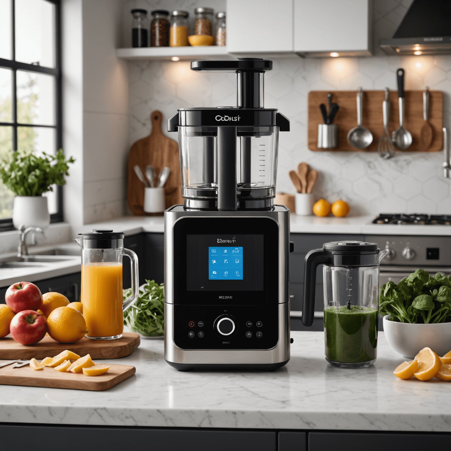 A collection of modern kitchen gadgets including a smart sous vide cooker, a high-tech blender, and a touchscreen-enabled smart oven, showcasing the latest in cooking technology