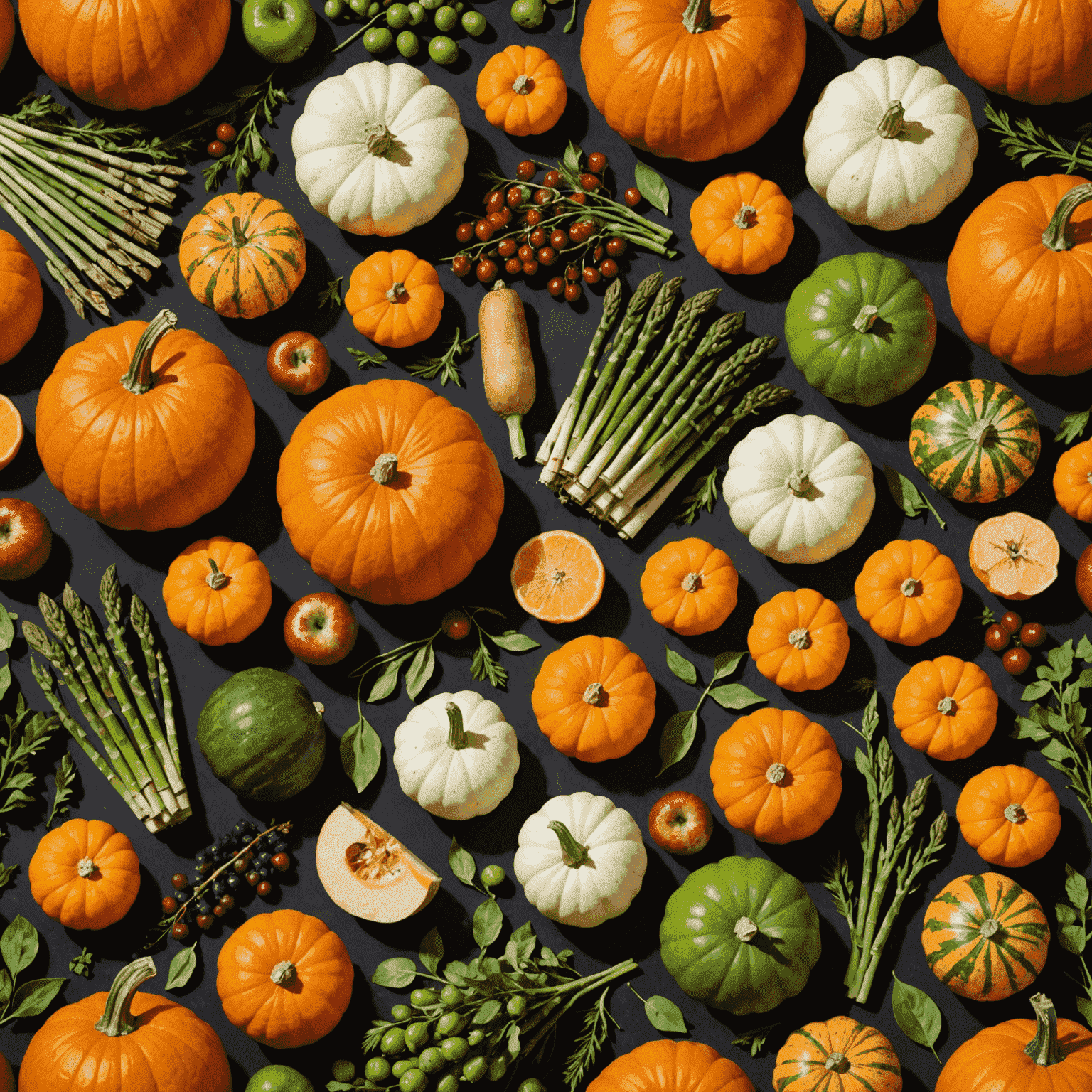 A vibrant collage of seasonal ingredients including pumpkins, apples, and squash for fall; berries and fresh herbs for summer; root vegetables and citrus for winter; and asparagus and peas for spring