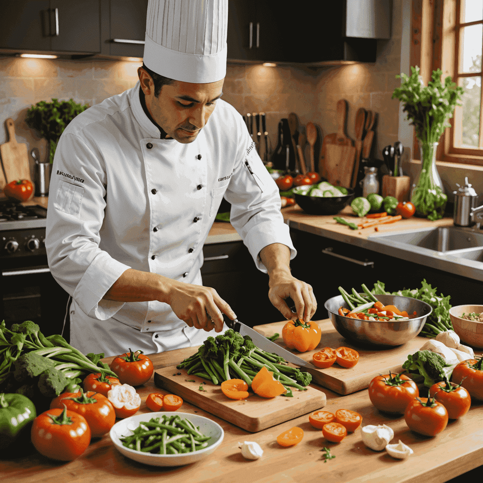 A chef preparing a meal using sustainable ingredients and eco-friendly cooking methods. The image shows a variety of fresh, locally-sourced vegetables, a bamboo cutting board, and energy-efficient cooking appliances.