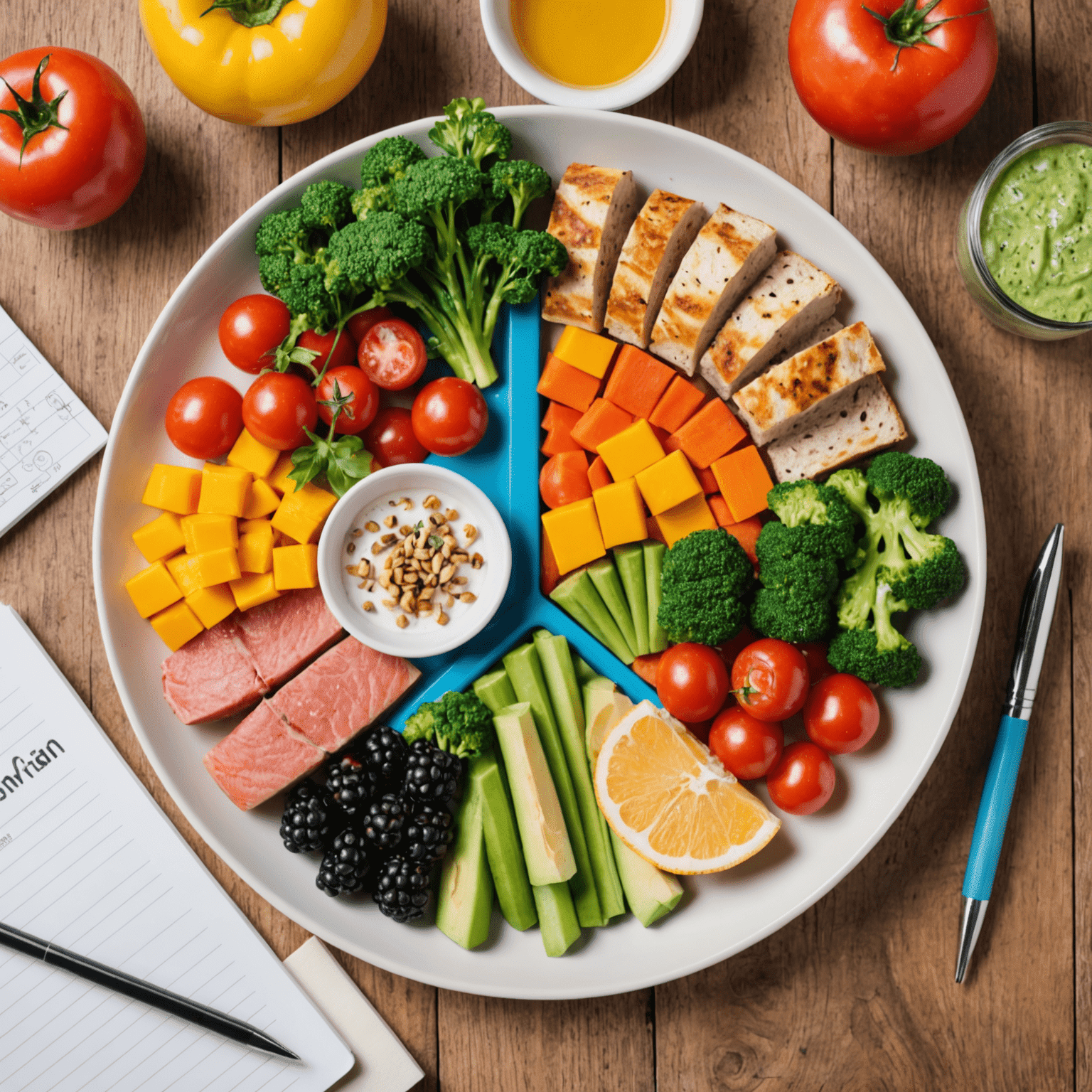 A colorful plate divided into sections with various healthy foods representing a balanced meal plan. Includes a small notepad and pen to the side for writing grocery lists.