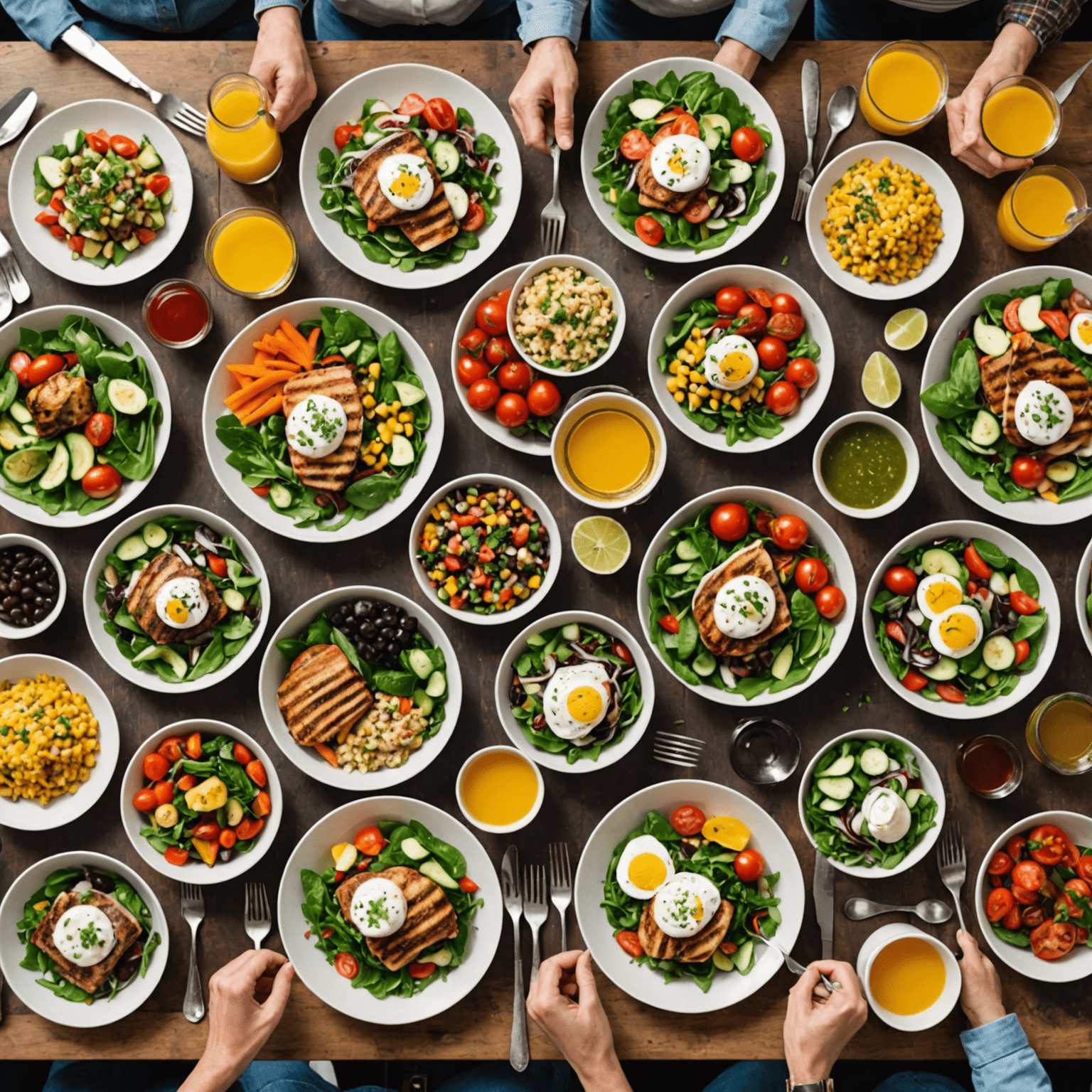 A colorful array of healthy meals laid out on a table, including salads, grilled proteins, and vegetable dishes, showcasing the variety and balance of a well-planned meal schedule