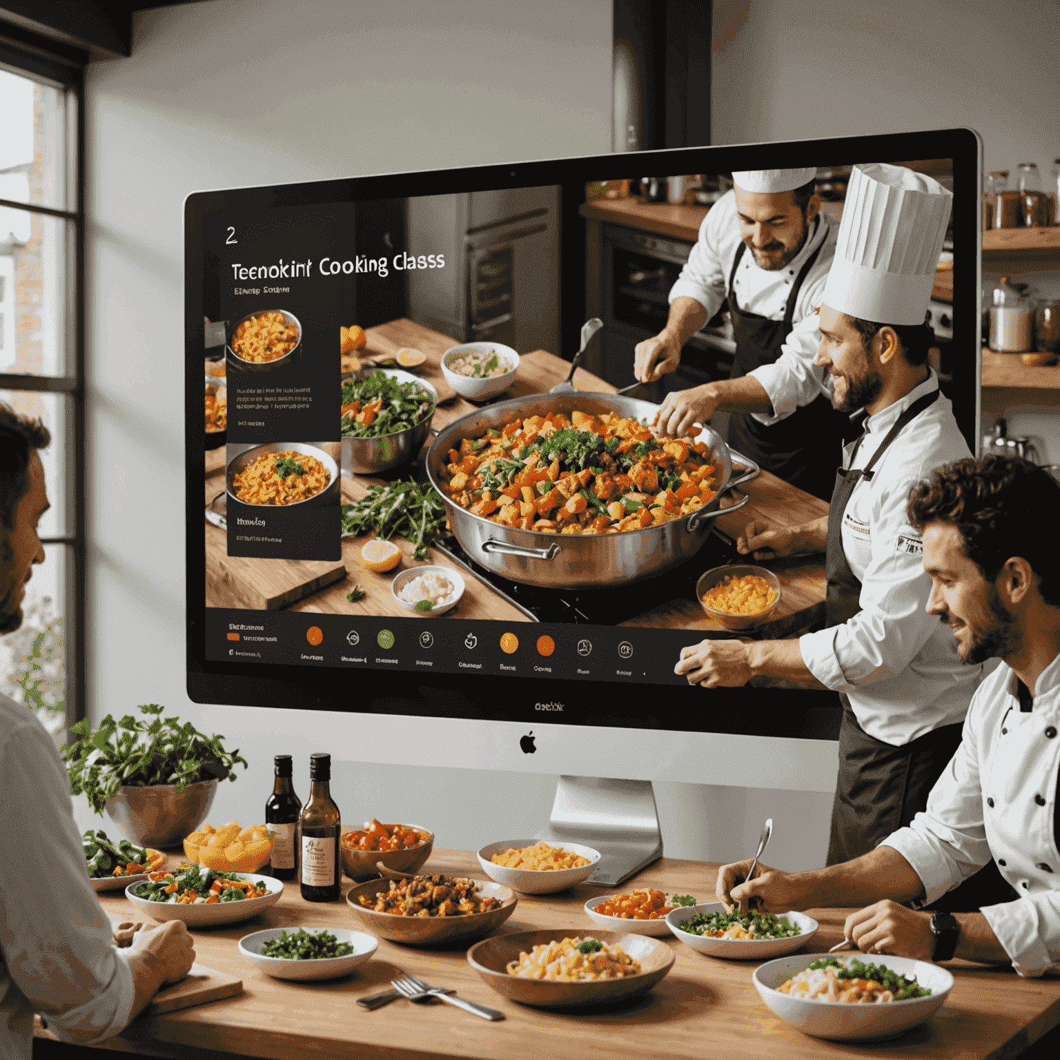 A group of people participating in an interactive online cooking class, with a chef demonstrating techniques on a large screen