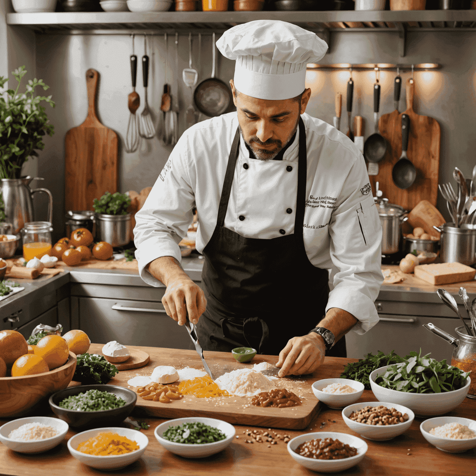 A chef creating a custom recipe with various ingredients spread out on a kitchen counter. The chef is carefully measuring and combining unique ingredients, symbolizing the tailored approach to recipe development.
