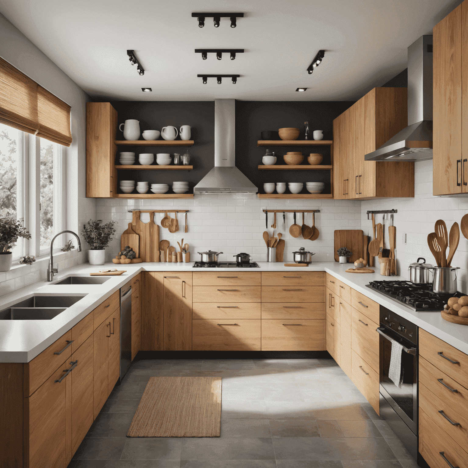 A well-organized modern kitchen with efficient storage solutions, color-coded utensils, and a clean workspace