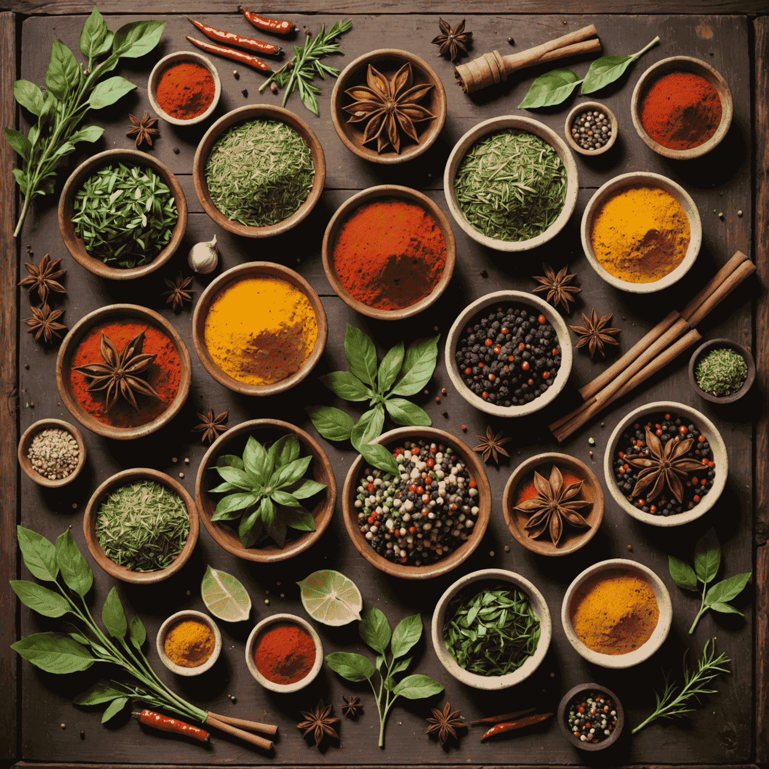 A variety of exotic and high-quality ingredients including rare spices, fresh herbs, and specialty produce arranged on a rustic wooden table