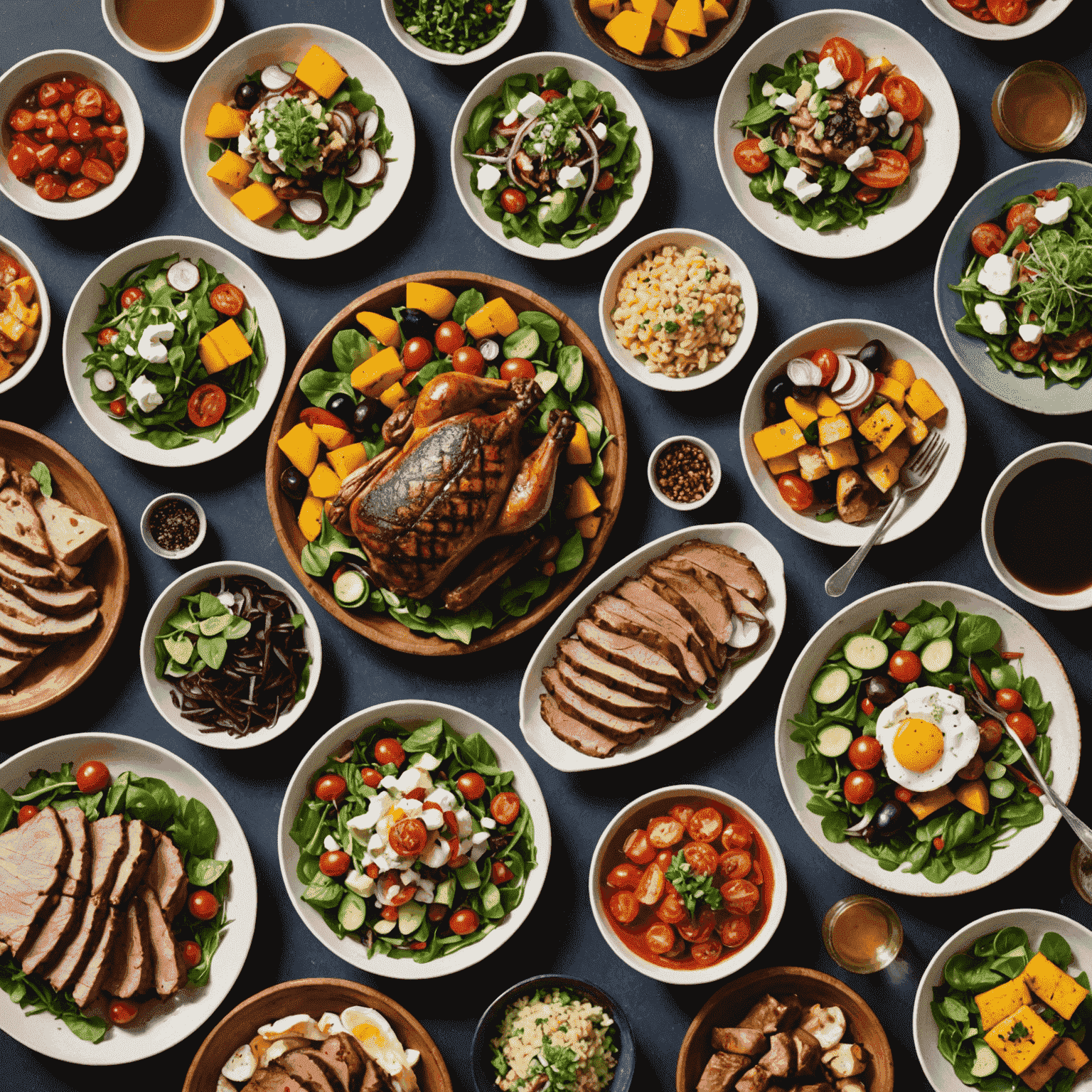 A colorful array of seasonal dishes featuring fresh summer produce, grilled meats, and vibrant salads