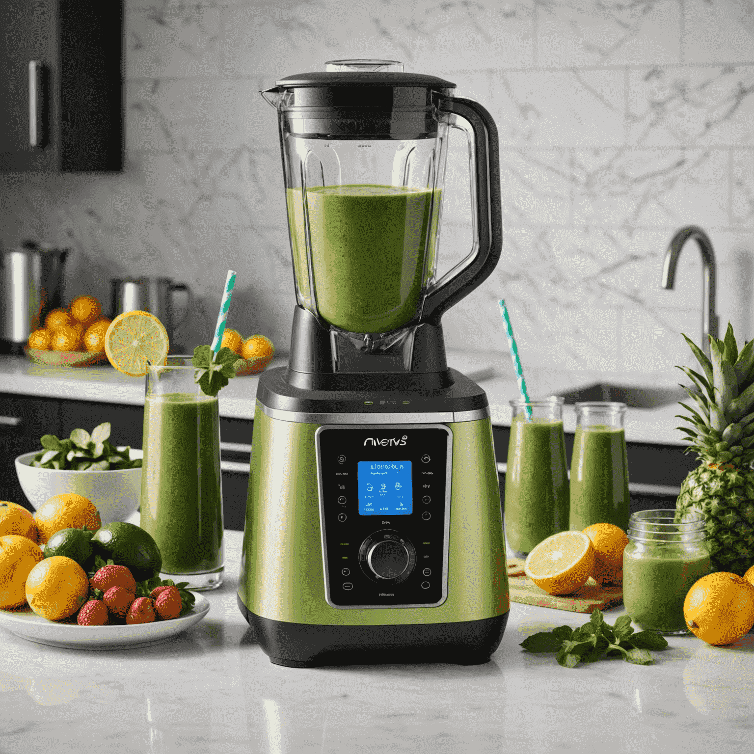 A sleek, modern high-tech blender with a touchscreen display, multiple preset buttons, and a see-through container filled with a vibrant green smoothie