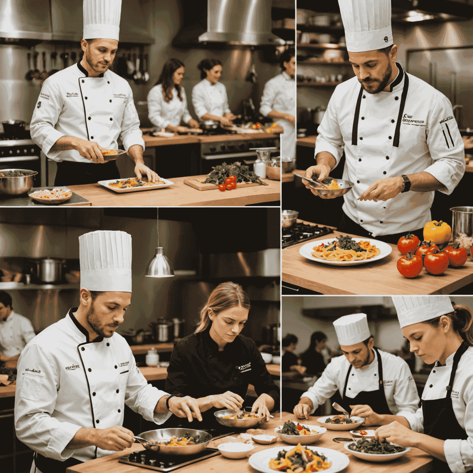 A split-screen image showing a chef demonstrating cooking techniques on one side and eager students following along on their devices on the other side, representing interactive online cooking classes.