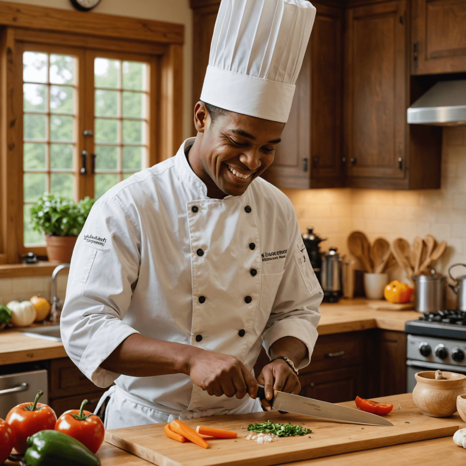 A smiling novice cook learning basic knife skills in a kitchen setting