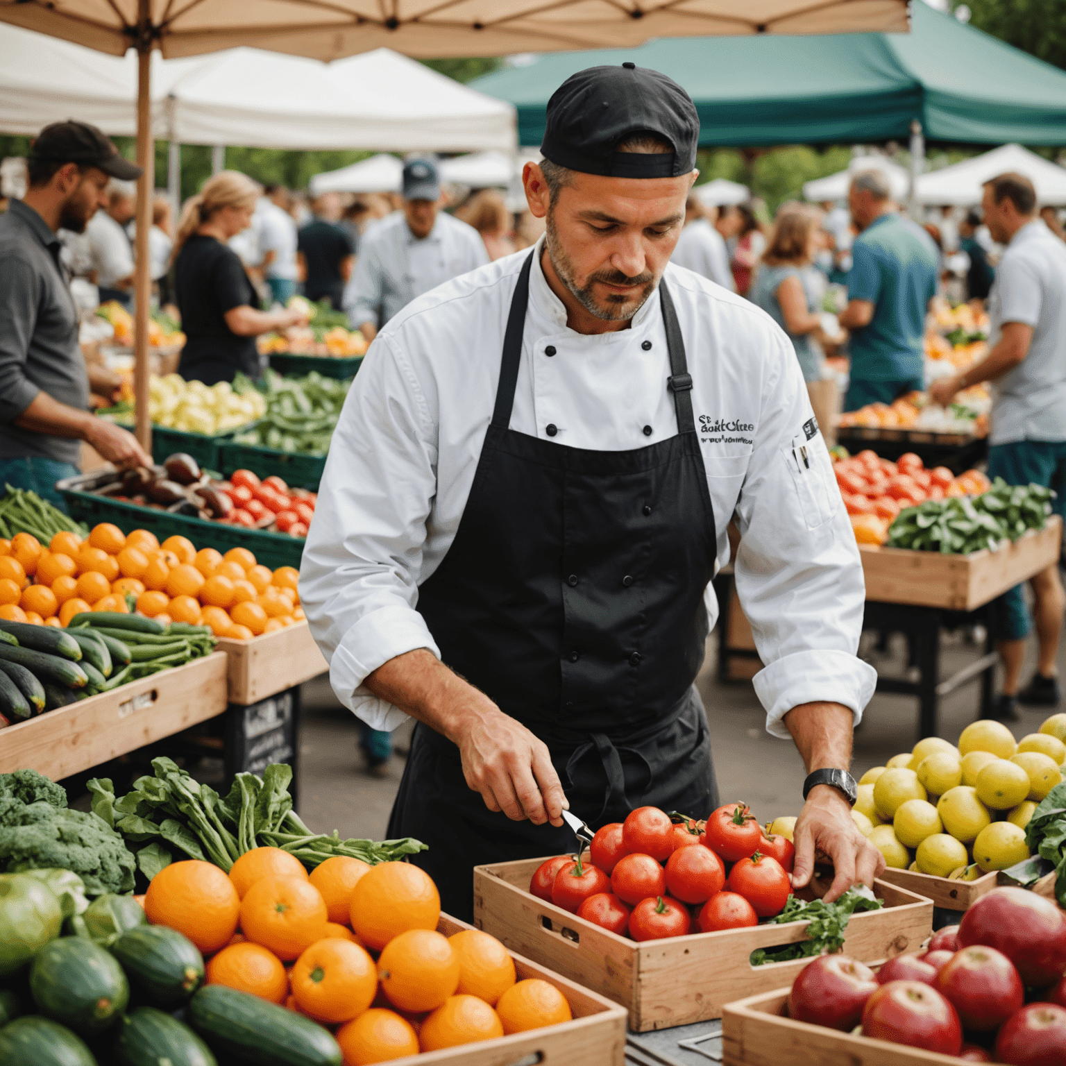 A chef carefully inspecting and selecting fresh, vibrant produce at a local farmer's market