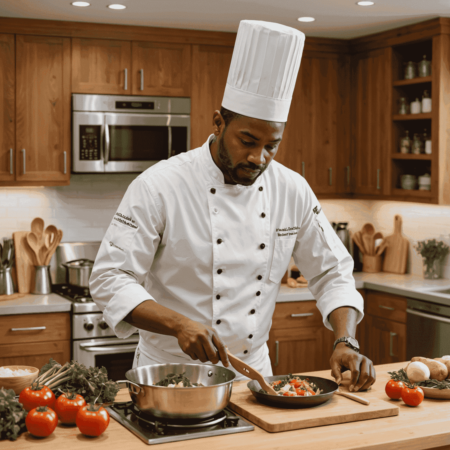 A chef using eco-friendly cooking utensils and locally sourced ingredients in a modern, energy-efficient kitchen