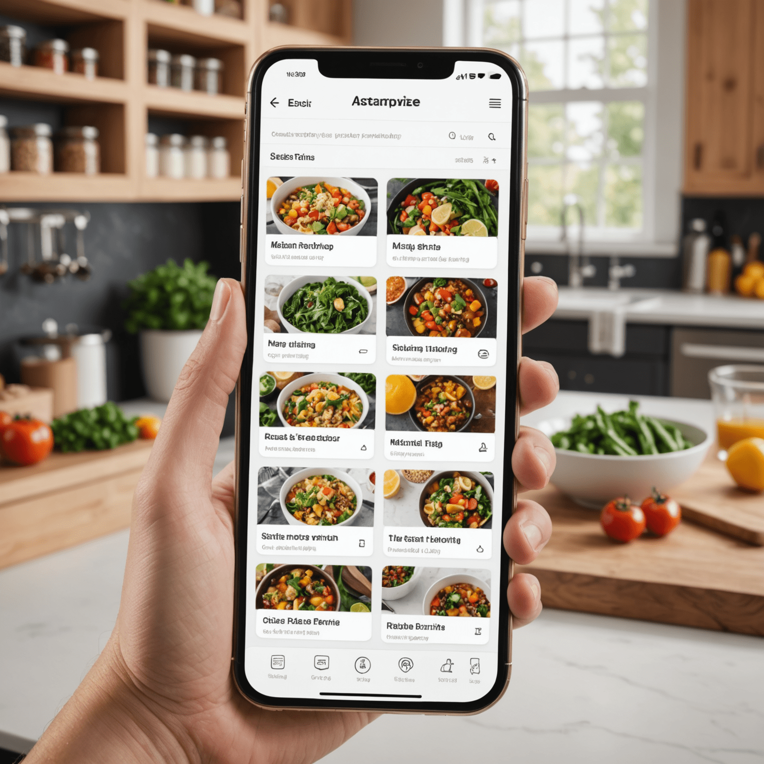 A smartphone displaying an AI meal planner app interface with personalized recipe suggestions, a virtual pantry inventory, and a smart shopping list