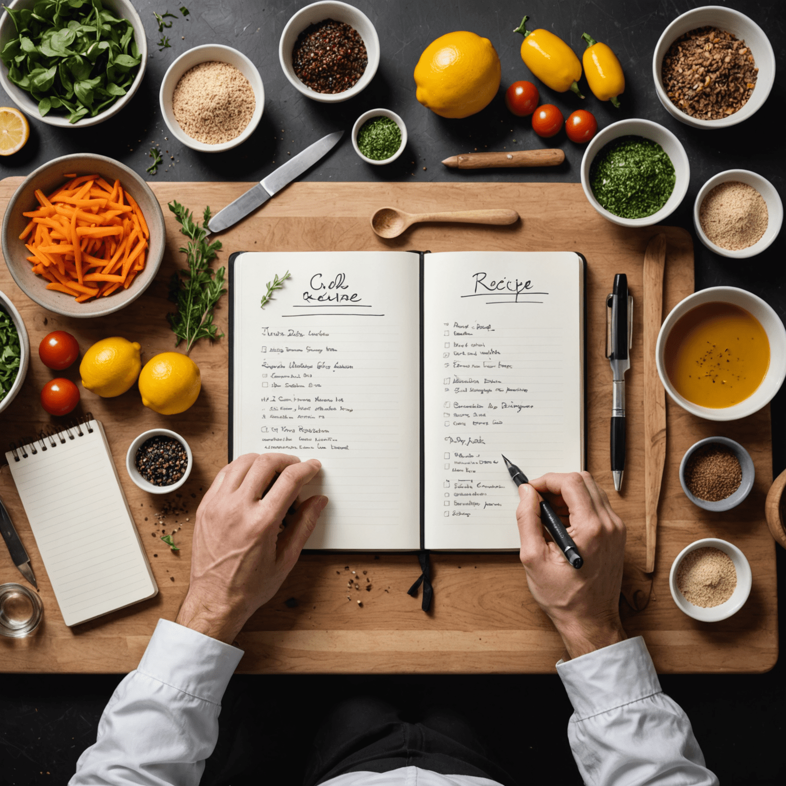 A chef's hands arranging ingredients on a cutting board with a notebook and pen nearby, symbolizing the process of custom recipe creation and development.