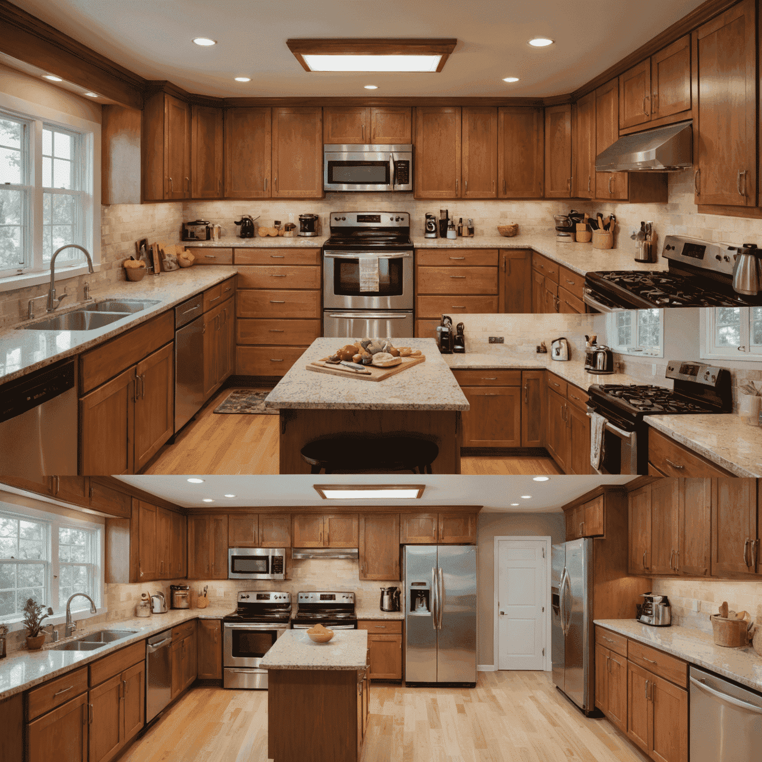 A before and after split image of a kitchen, showing a cluttered space transformed into a well-organized, efficient cooking area with labeled storage and optimized layout.