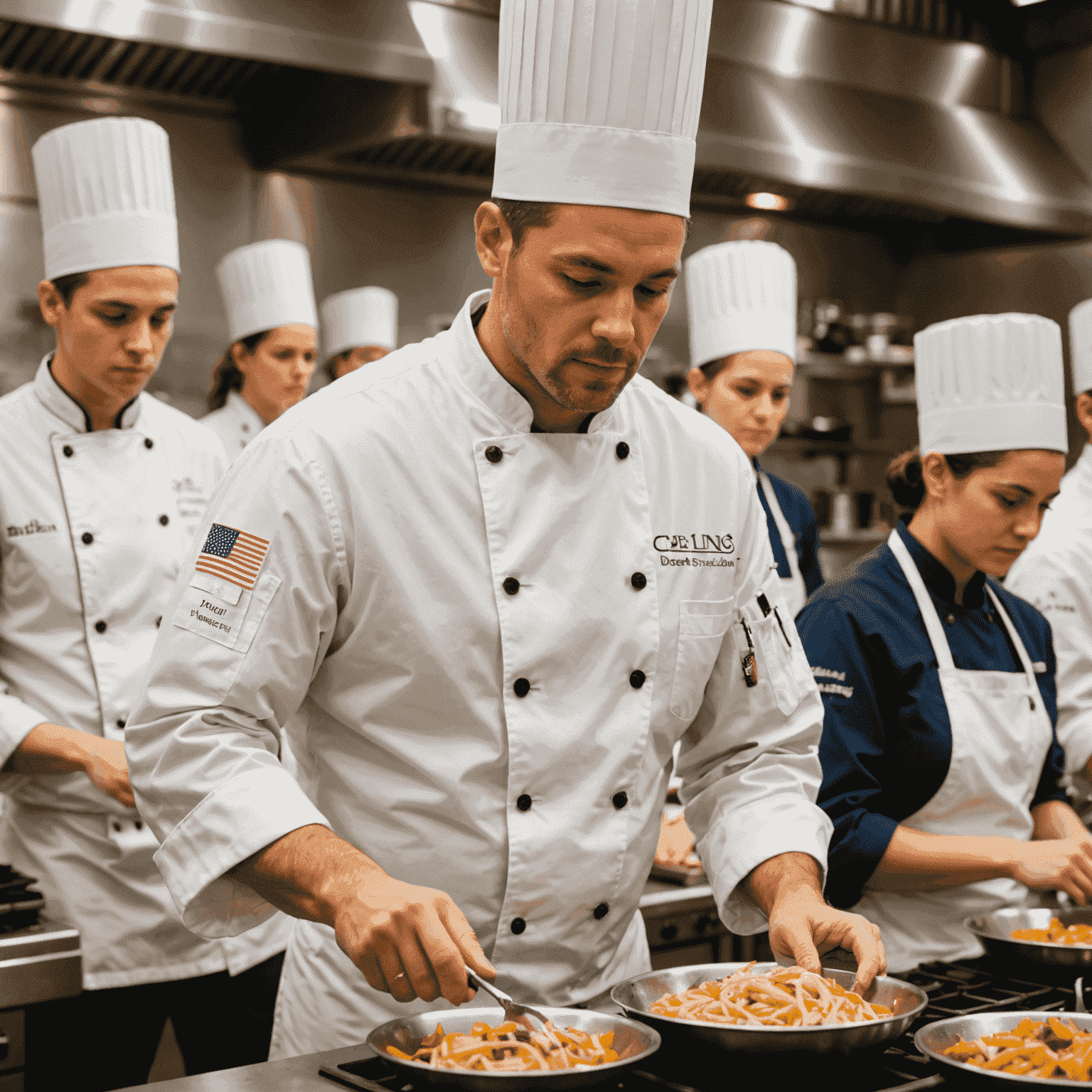 A professional chef demonstrating advanced culinary techniques to attentive students