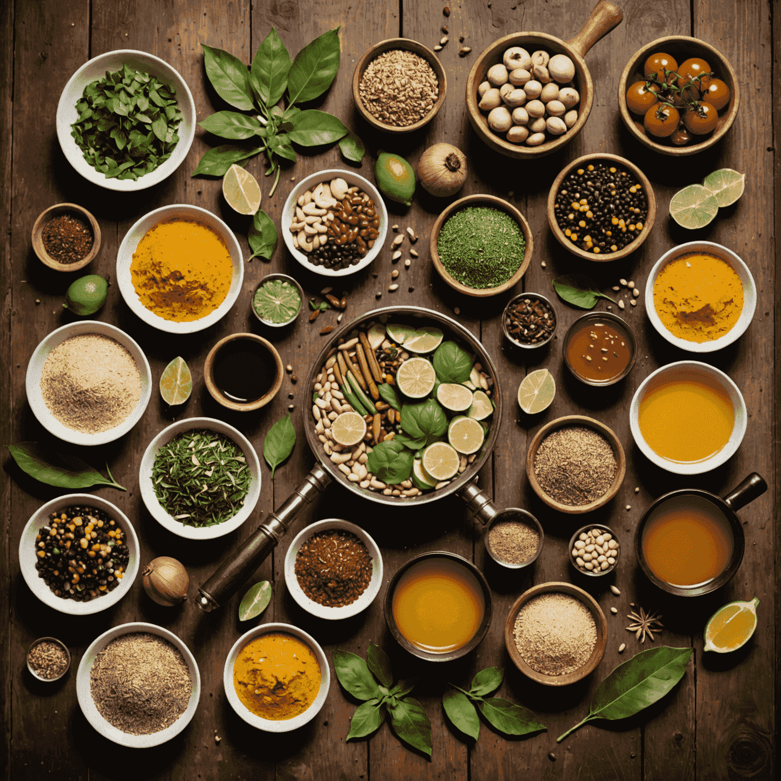 A diverse array of exotic and high-quality ingredients laid out on a rustic wooden table, with a magnifying glass hovering over to emphasize the sourcing aspect.